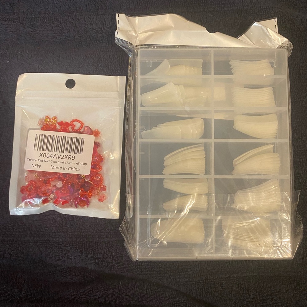 Nail Art Kit – 120 Clear Duck Nail Tips with Case + Red Nail Charms Set